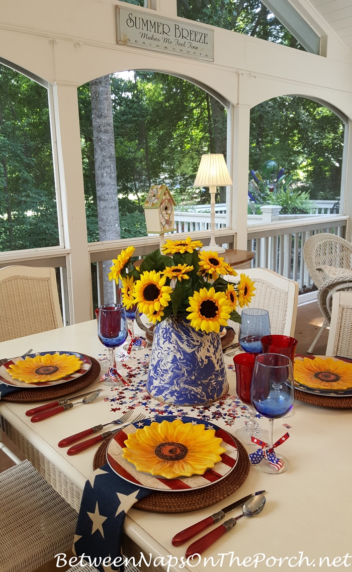 4th of July Table Setting with Sunflower Centerpiece