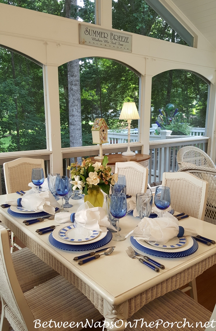 Screened Porch Dining, Blue & White Table