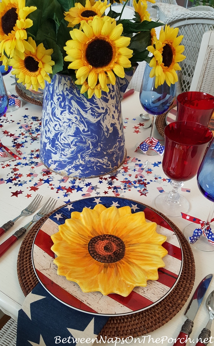 Sunflower Salad Plates in 4th of July Tablecape, Sunflower Centerpiece