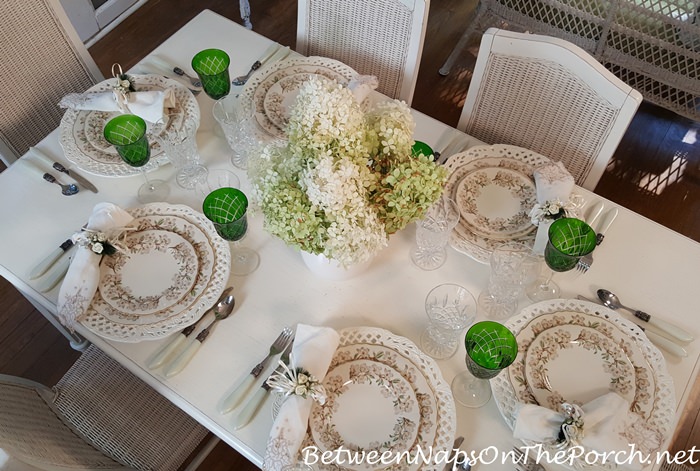 Soft Summer Table on the Porch, Limelight Hydrangea Centerpiece