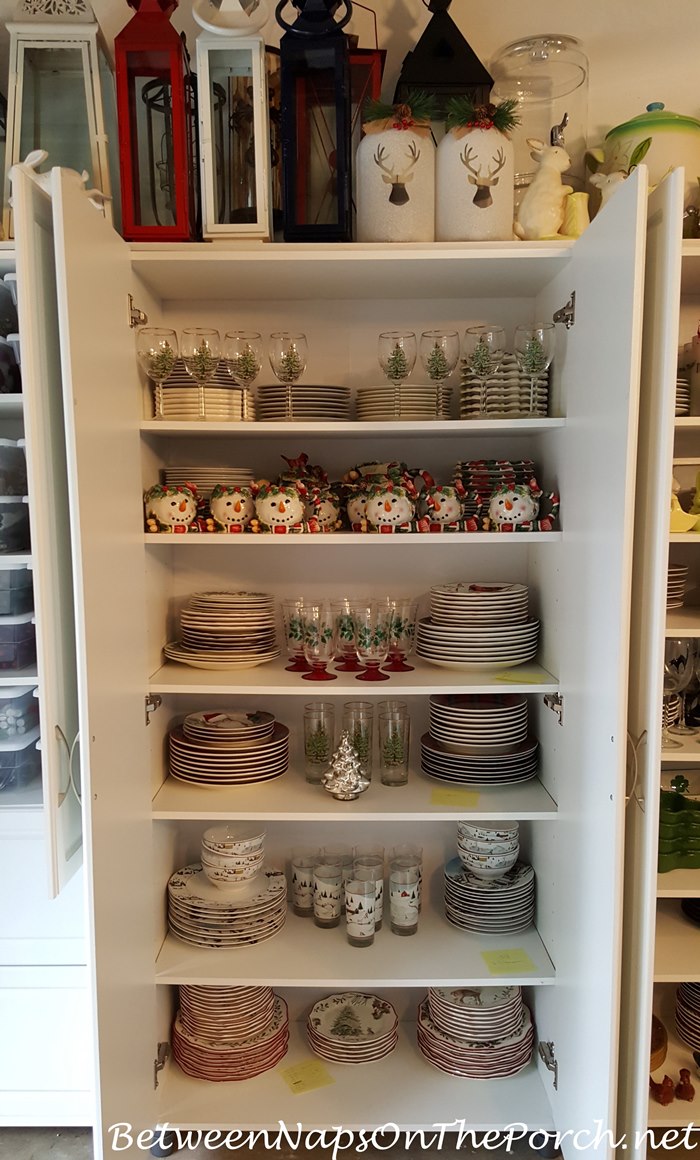 Cabinet Storage for Christmas Dinnerware and Glassware, Lantern Storage Overhead