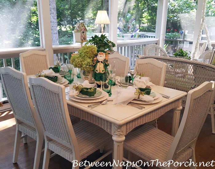 Green and White Table Setting, White Wicker Dining Set