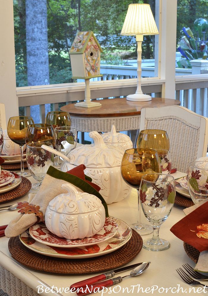 Autumn-Fall Table Setting with Leaf Dinnerware, White Pumpkin Tureens ...