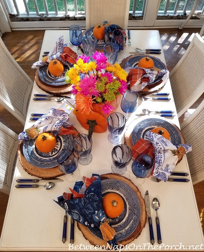 Blue, Orange, White Table, Autumn Tablescape