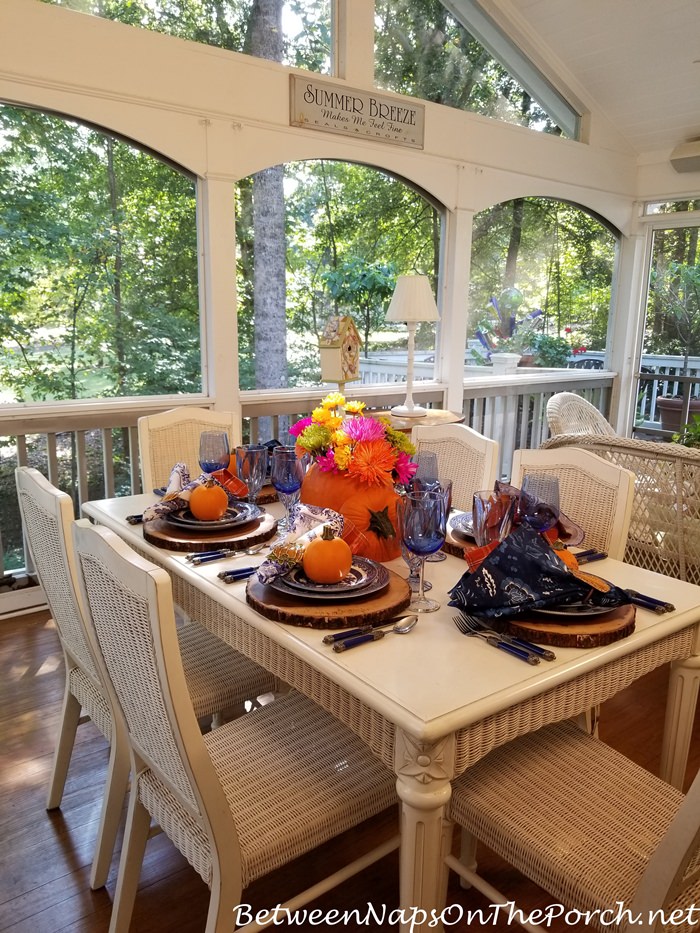 Blue and Orange Fall Halloween Table Setting