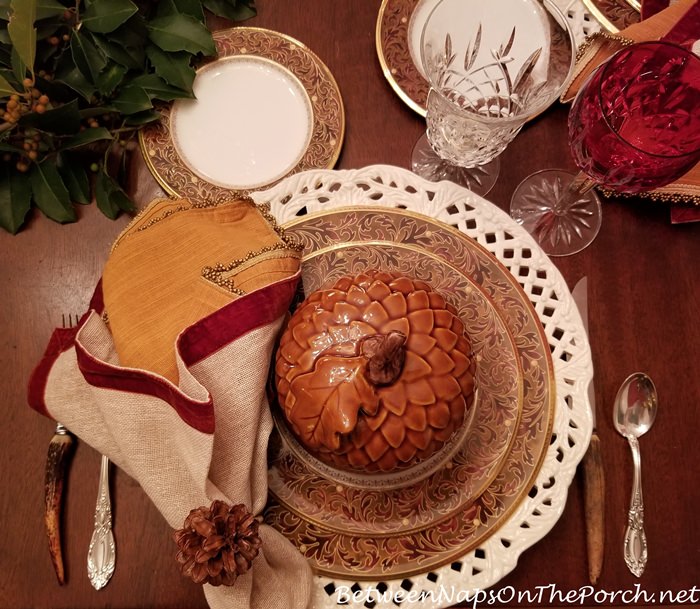 Noritake Xavier Gold, Acorn Soup Tureen, Pine Cone Napkin Ring