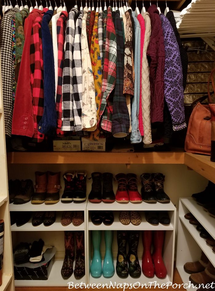 A Closet Update: Hacking Shelves for Boot & Shoe Storage  Shoe shelf in  closet, Closet shoe storage, Shoe storage