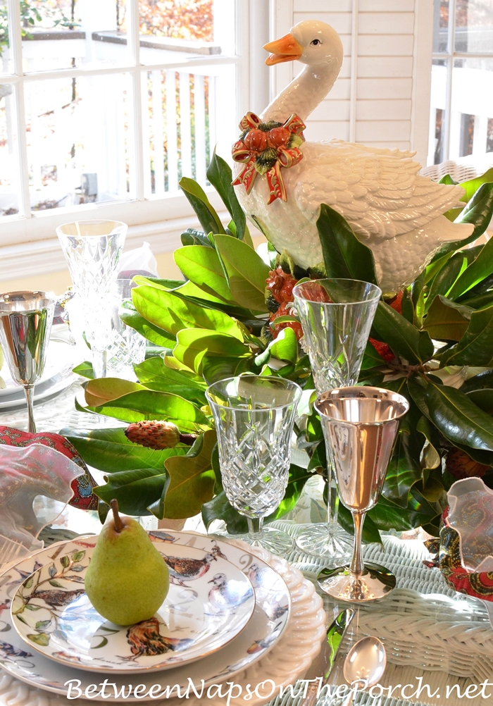 12 Days of Christmas Table with Goose Magnolia Centerpiece