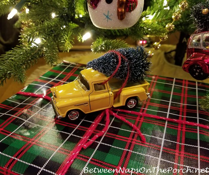 Gift Wrapping Idea, Toy Chevy Truck with Christmas Tree on Tartan Plaid Paper