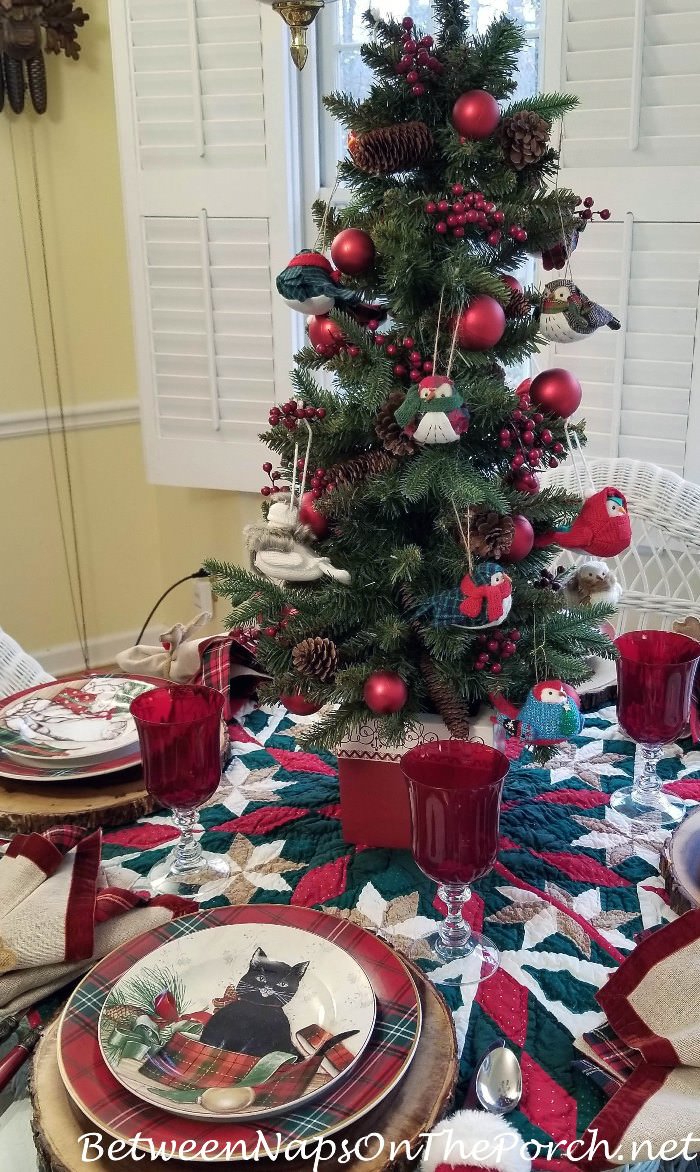 Christmas Table Setting with Bird Tree Centerpiece and Cat Dinnerware by David Carter Brown