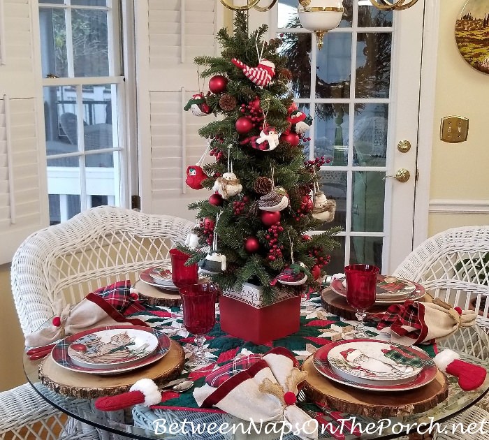 Christmas Table Setting with Tree and Bird Centerpiece