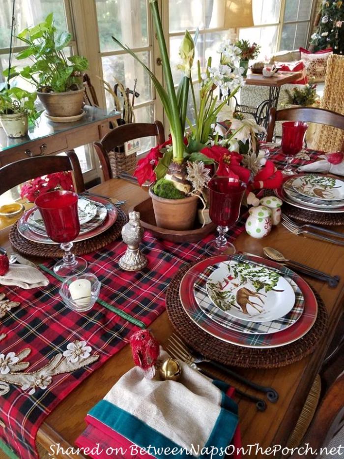 Christmas Table with a Mix of Different Plaid Dinnerware Patterns