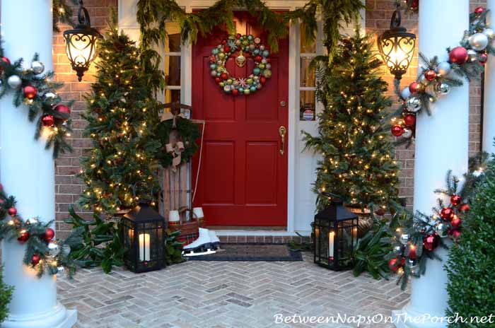 11+ fake topiary trees for front porch Christmas porch decorating ideas