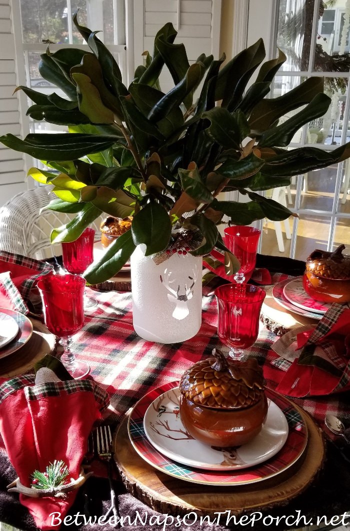 Magnolia Branches in Reindeer Jar for Christmas Table Setting