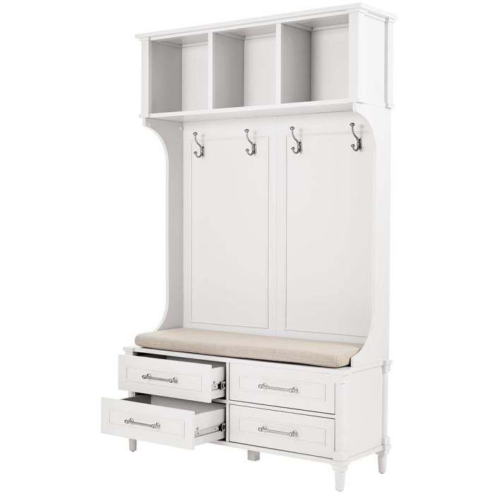 White, Tall Hall Tree, Bench, Drawers & Cubbies