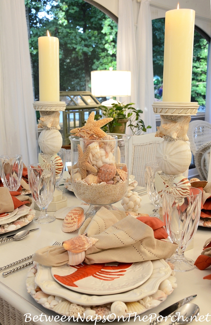 Beach Themed Table with Lobster & Crab Plates, Shell Chargers