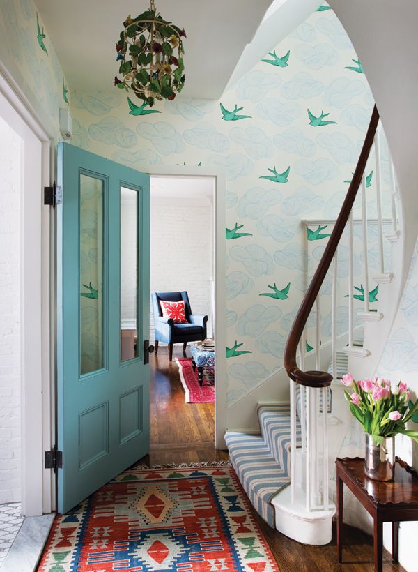 Modern Neutral Foyer with Printed Wallpaper  Luxe Interiors  Design