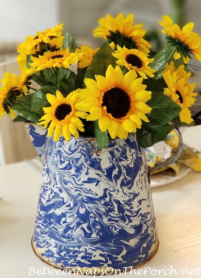 Blue & White Graniteware Pitcher with Sunflowers