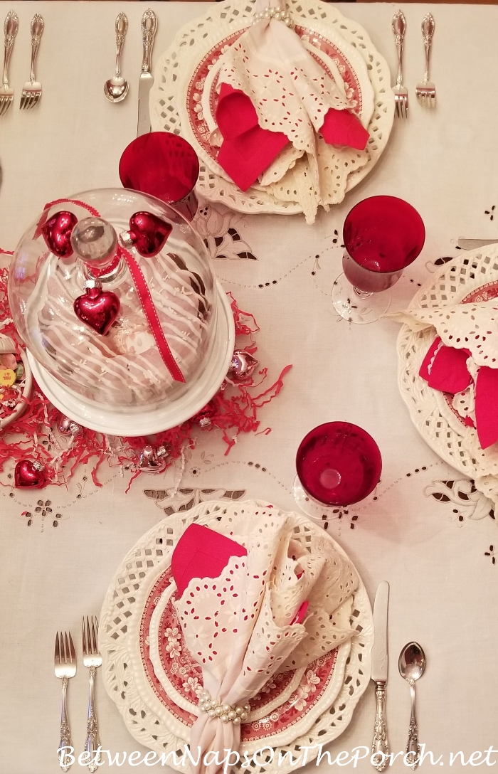 Valentine's Day Table Setting, Eyelet Table Cloth and Napkins