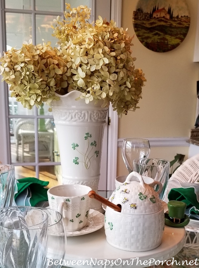 Dried Limelight Hydrangeas in St. Patrick's Day Tablescape