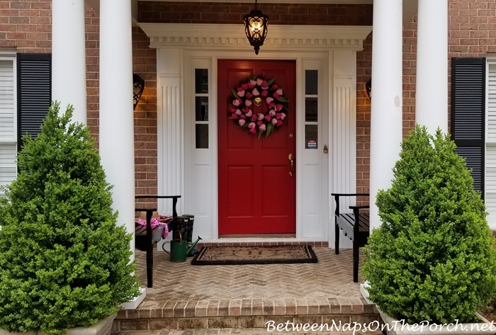 Red Front Door with Spring Tulip Wreath