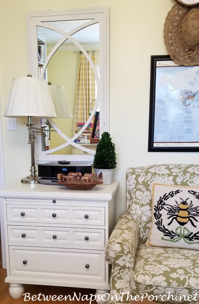 White Chest as side table for reading chair