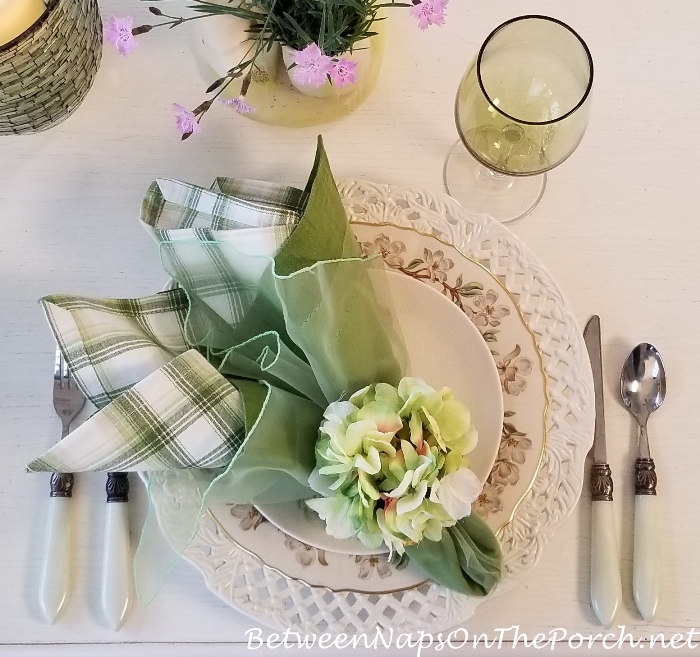 Hydrangea Napkin Ring with Green, White & Tan Plaid Napkins, Spring Table Setting