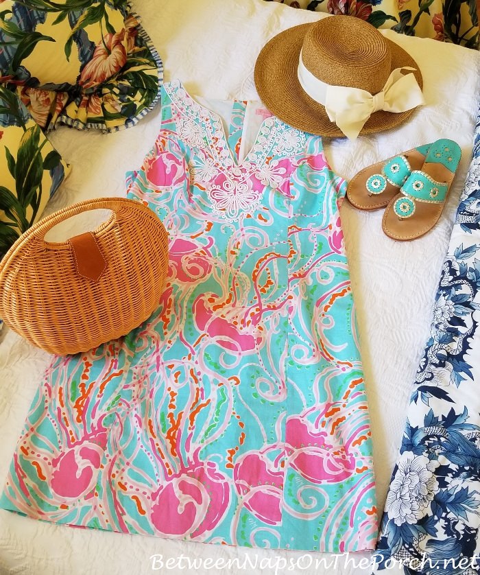 Lilly Pulitzer Dress, Jack Rogers Sandals, Sun Hat with Bow, Wicker Handbag