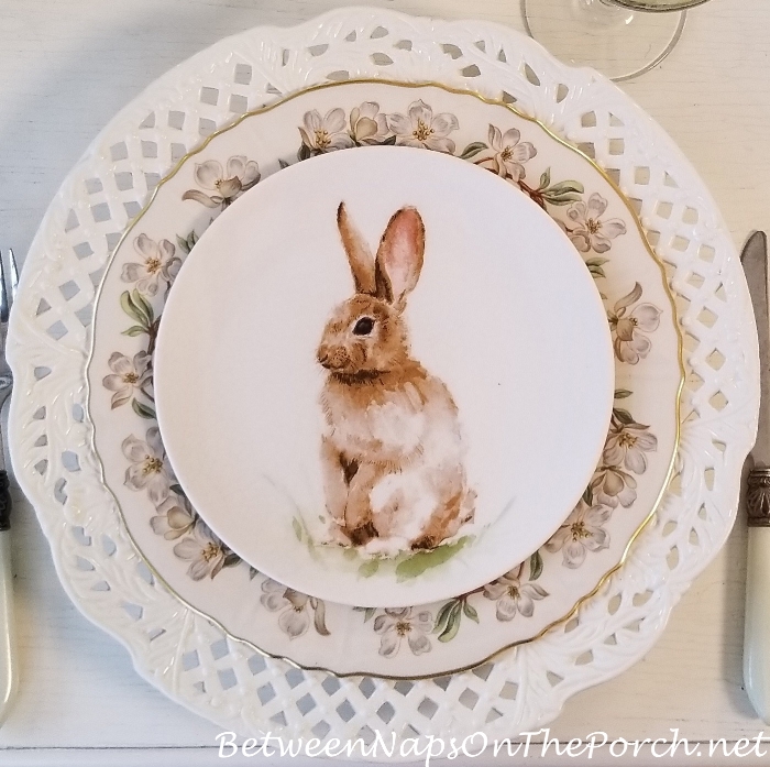 Pasture Bunny Salad Plate with Syracuse Orchard Dinner Plate, Spring Table