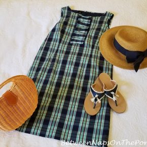 Plaid Dress, Sun Hat with Navy Bow, Jack Rogers Sandals, Wicker Handbag