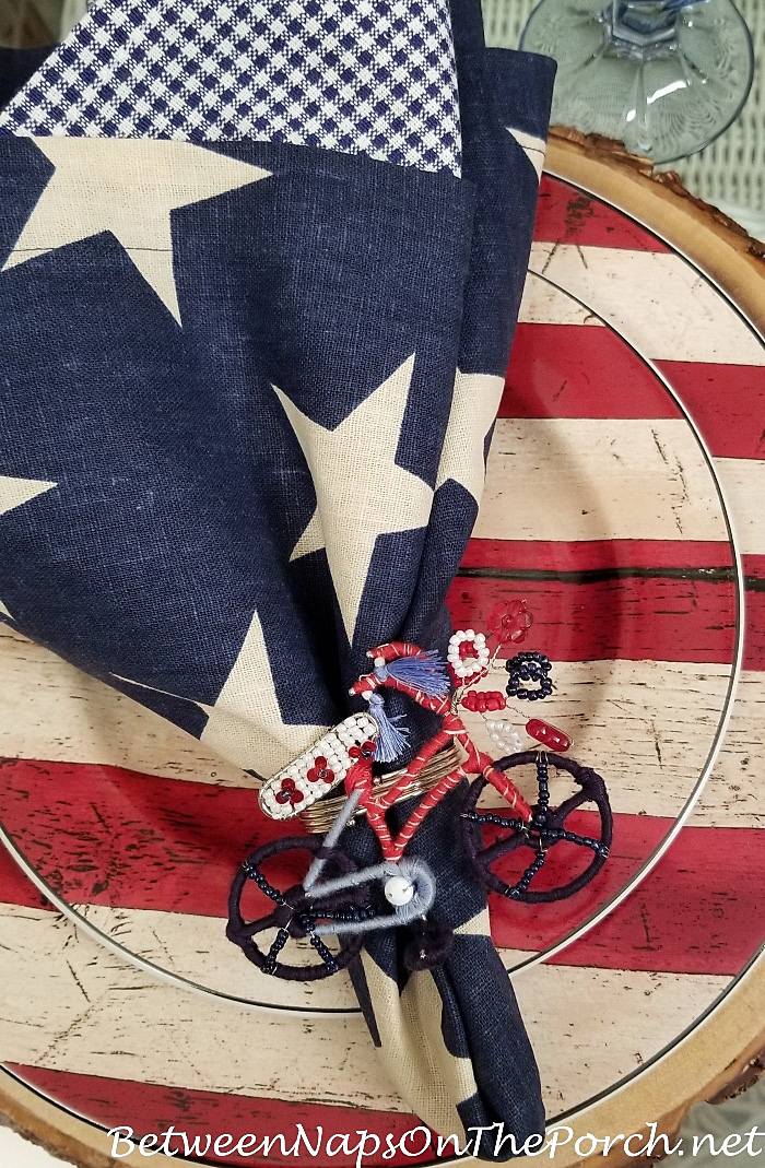 Star Napkin, Bicycle Napkin Ring, Flag Dishware, Patriotic Table Setting