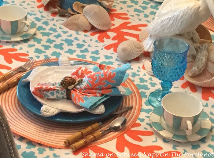 Sea Life Table Setting in Beautiful Colors of Blue and Coral