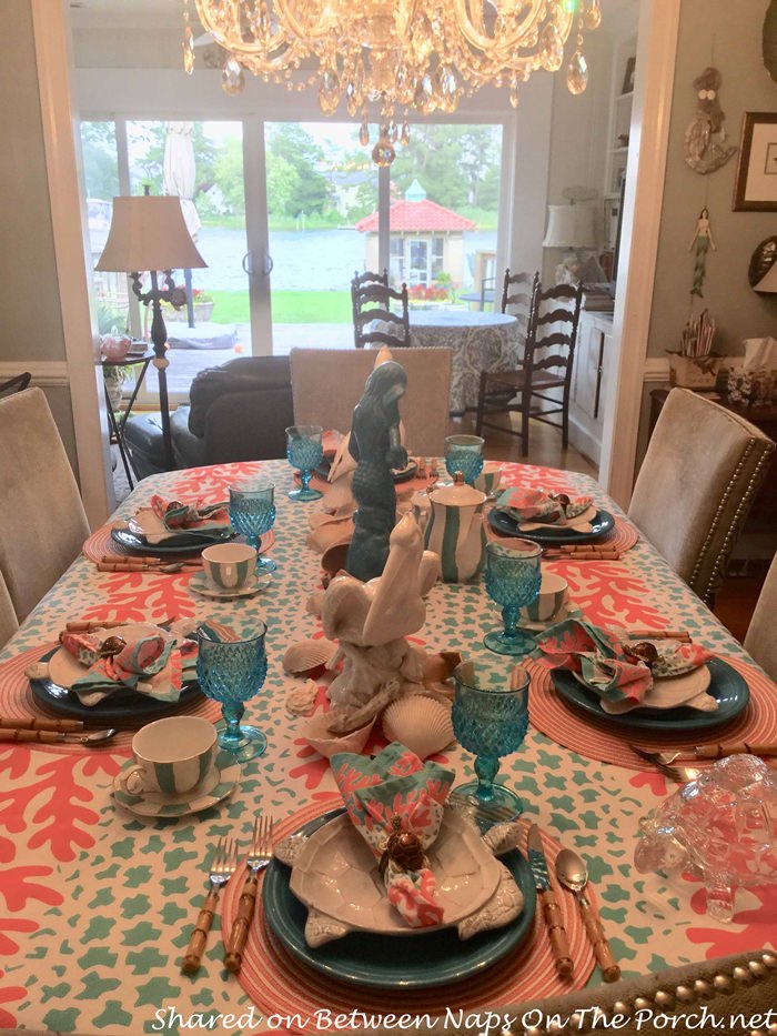 Sea Life Table Setting in Beautiful Colors of Blue and Coral – Between Naps  on the Porch