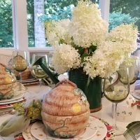 Spring Tablescape, Kim Parker Floral Charger Plates, Bee Skep Tureens and Bee Flatware