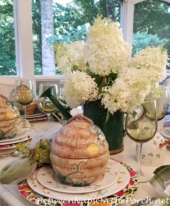 Spring Tablescape, Kim Parker Floral Charger Plates, Bee Skep Tureens and Bee Flatware