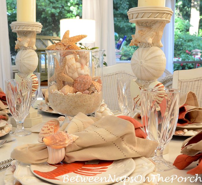 Beach Tablescape, Shell Centerpiece, Crab Plates, Shell Chargers