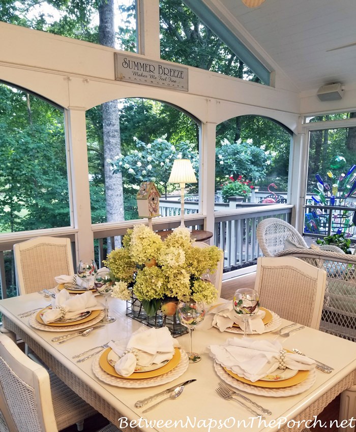 Screened Porch Spring Table Setting, Limelight Hydrangeas Centerpiece