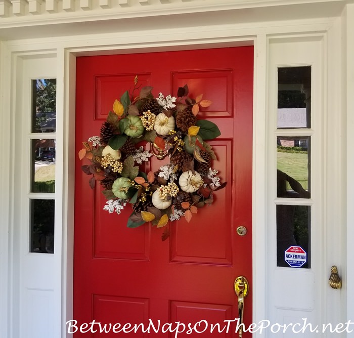 Fall Wreath with Green & White Pumpkins, Autumn Colors