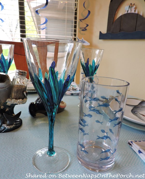 Fish Glassware in Children's Shark-Themed Birthday Table