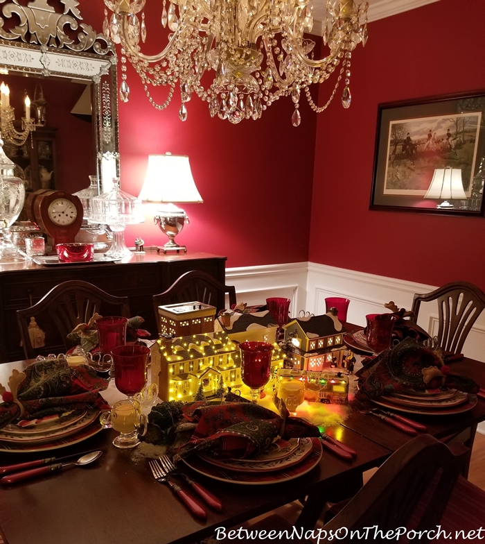 Red Dining Room with Christmas Table Setting, Dept. 56 Lit Centerpiece