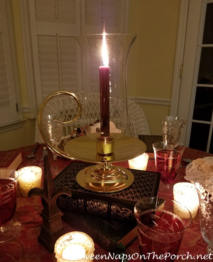 Candlelight Centerpiece with Books as Base