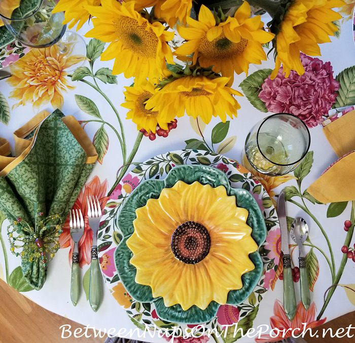 Sunflower Salad Plates, Green Cabbage Plates and Floral Chargers