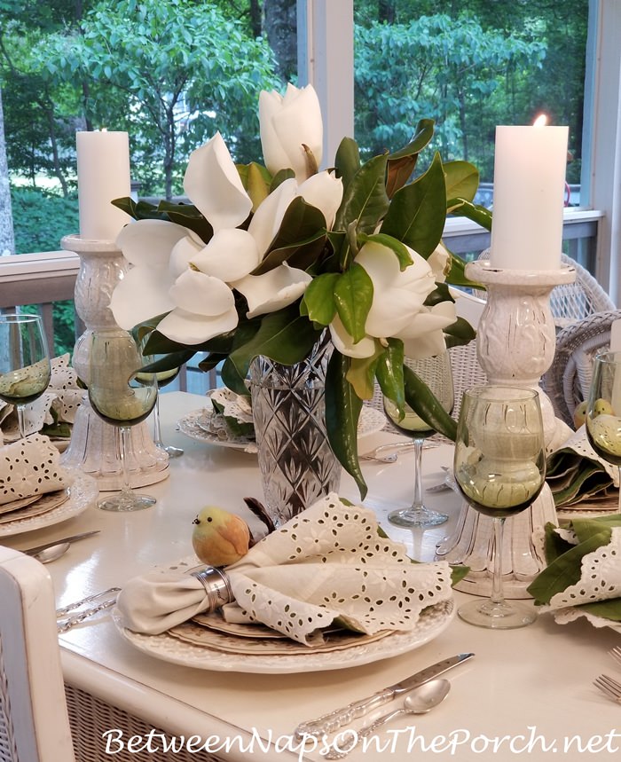 Magnolia Centerpiece for a Spring Dinner on the Porch