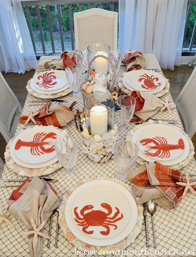 Nautical Beach Table-Setting Tablescape With Lobster and Crab Plates