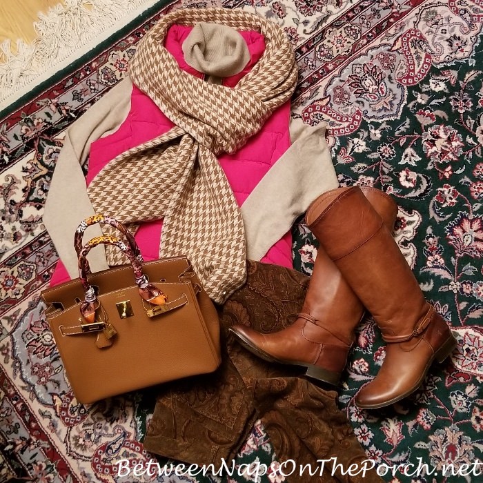 Autumn Clothing, Frye Boots, Hermes Cashmere Houndstooth Scarf, Orvis Cashmere Sweater