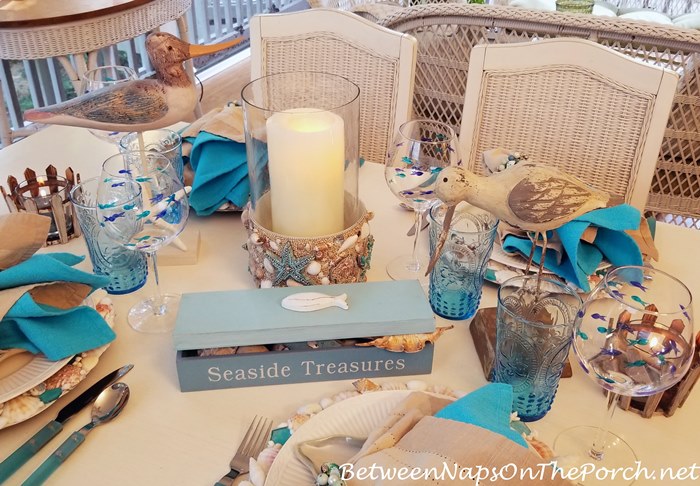 Beach Seaside Themed Table Centerpiece, Shell Covered Lantern