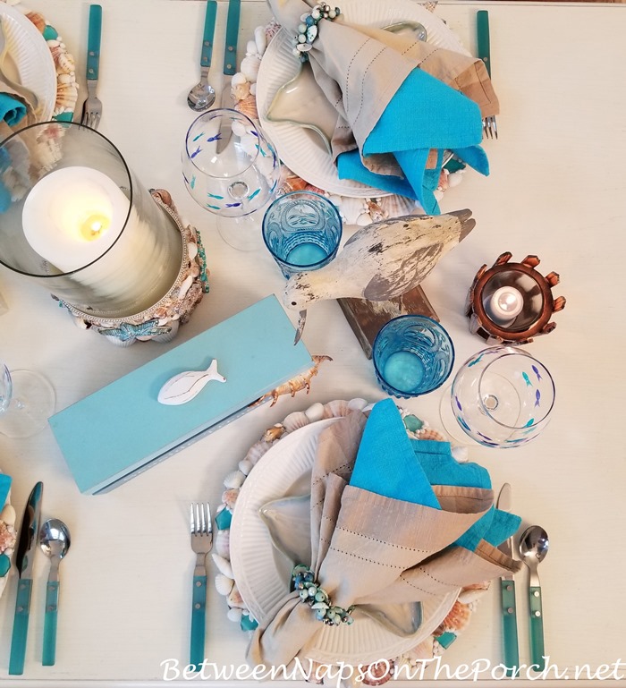 Candlelight Beach Themed Table, Shell Sea glass Chargers