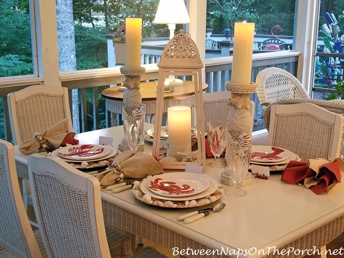 Candlelight Dining on Screened Porch, Beach-Themed Table, Crab-Lobster Plates, Shell Chargers, Shell Candle Holders