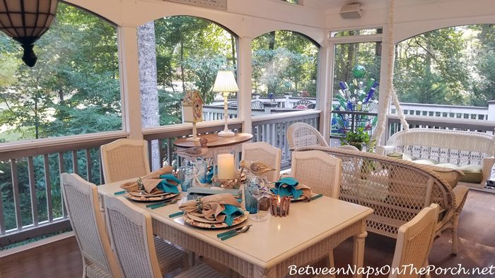 Screened Porch, White Wicker, Beachy Table Setting