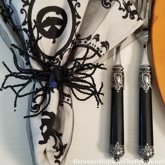 Beaded Spider Napkin Rings for Halloween Table Setting